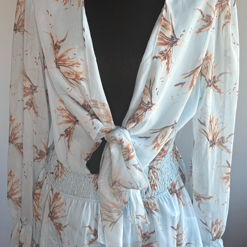 Light Blue Floral Tie-Front Mini Dress with Smocked Waist